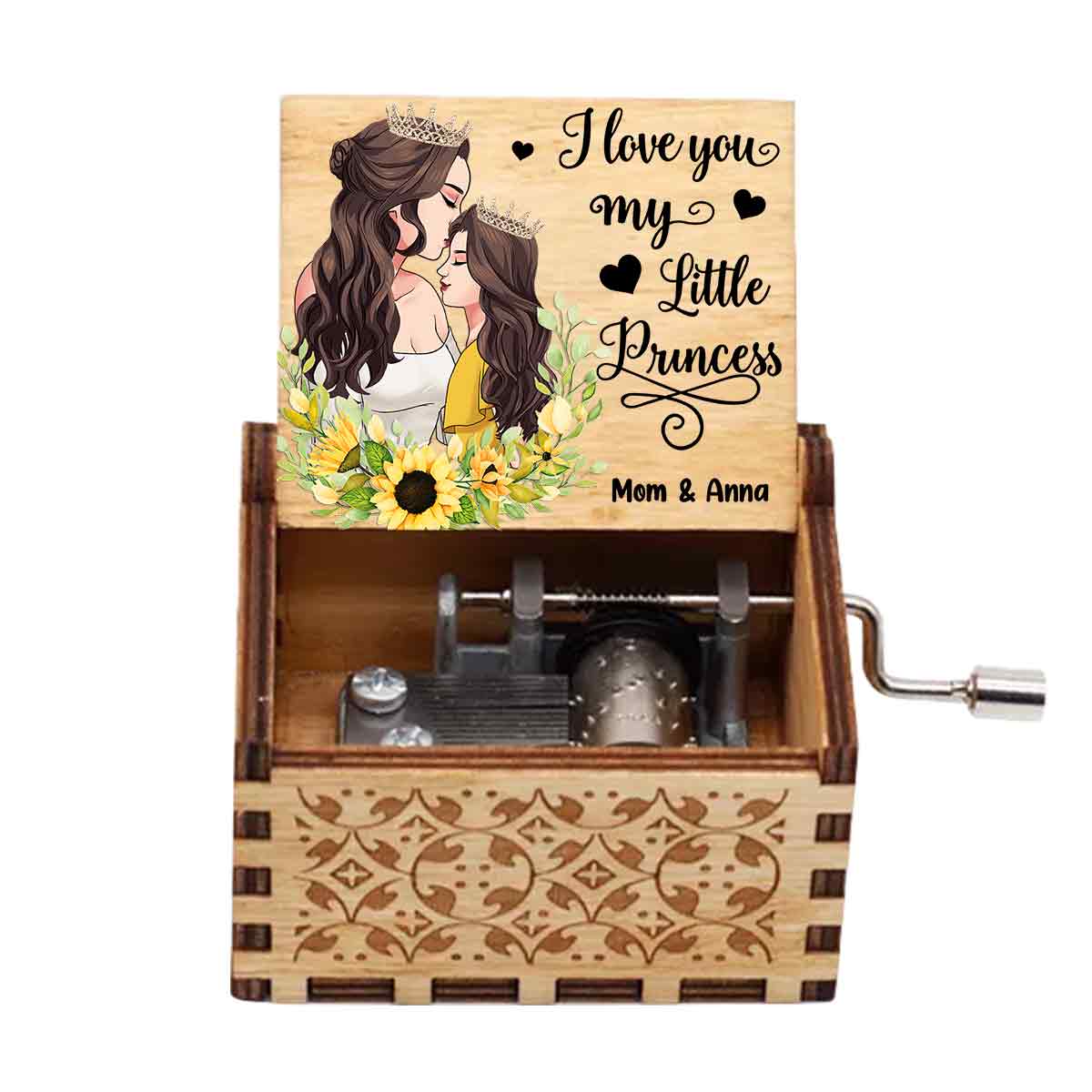 Je t'aime ma petite princesse - Cadeau pour maman, fille, fils, petite-fille, petit-fils - Boîte à musique à manivelle personnalisée