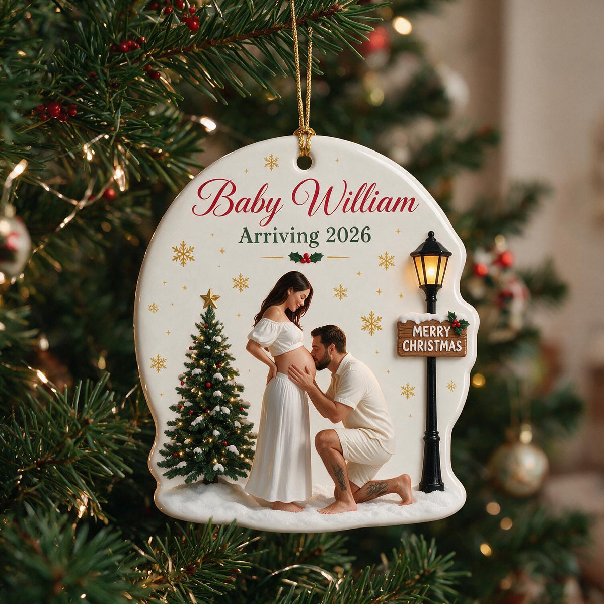 Custom Photo Christmas Expecting Couple Ceramic Ornament - New Baby Announcement, Expecting Parents Gift