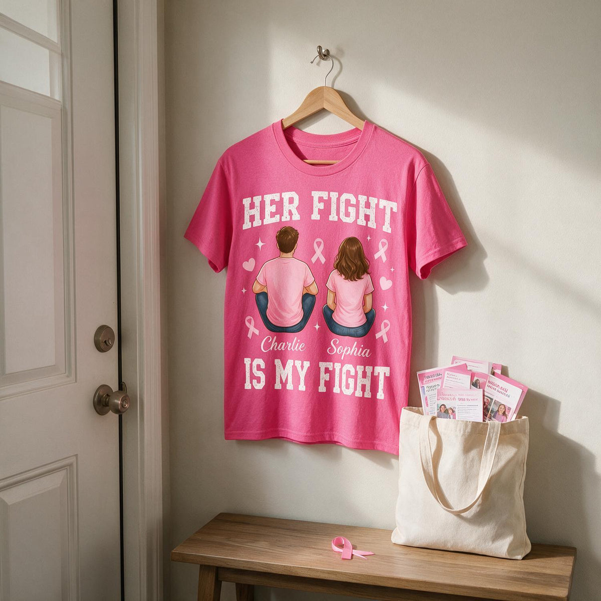 T-shirt Couple Personnalisé pour la Sensibilisation au Cancer du Sein - Son Combat est Mon Combat