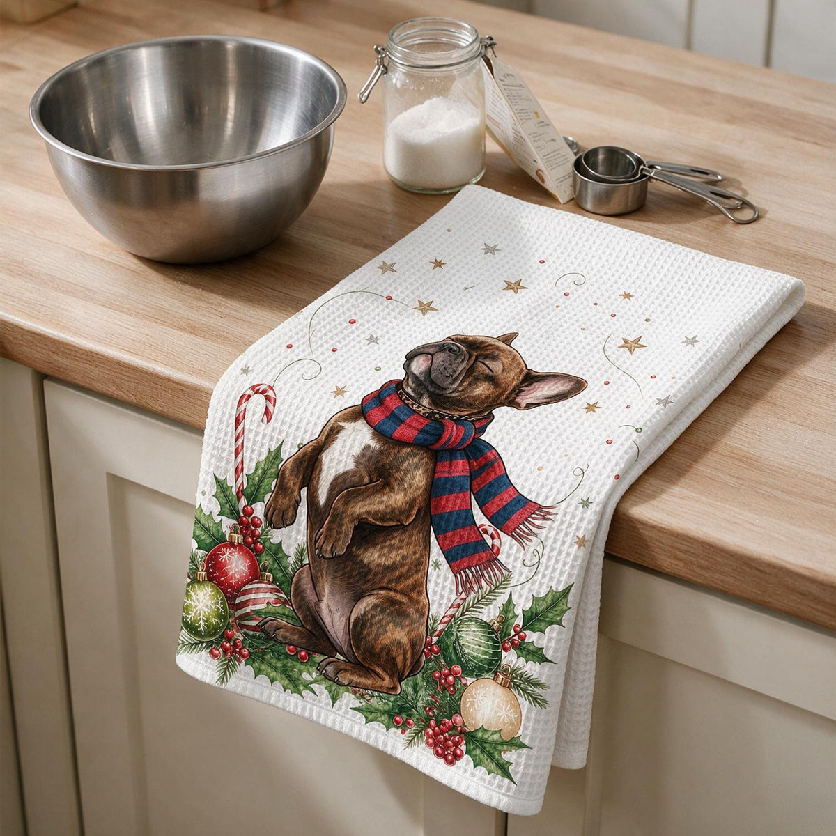 Custom Photo Christmas Brindle French Bulldog Kitchen Towel, Dog Lover Gift Decor
