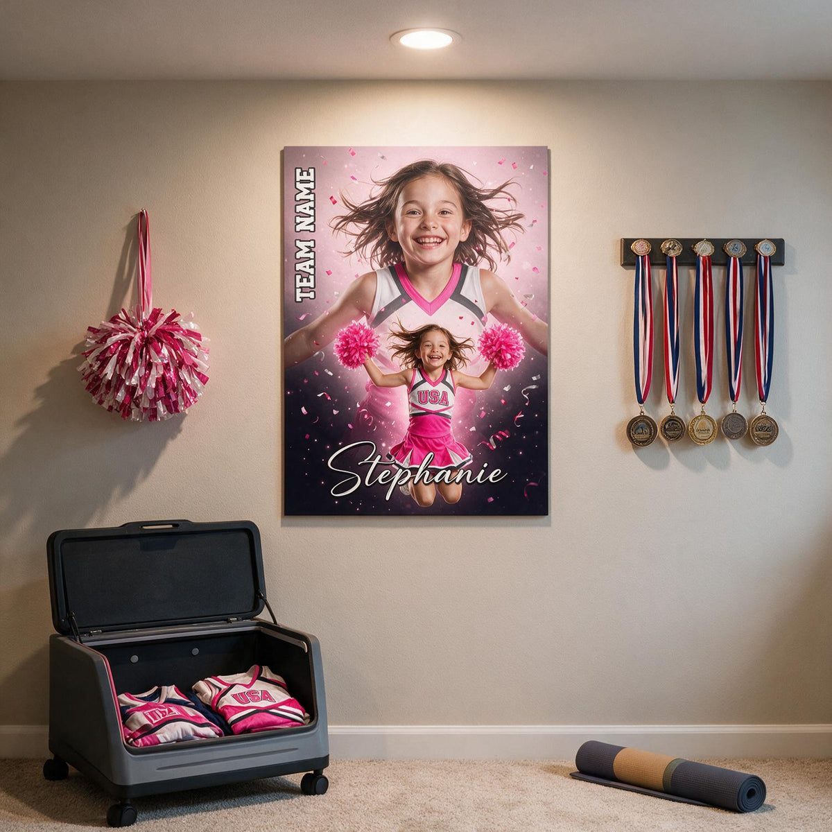 Personalized Cheerleader Photo Poster, Custom Name Team Wall Art Gift for Girls