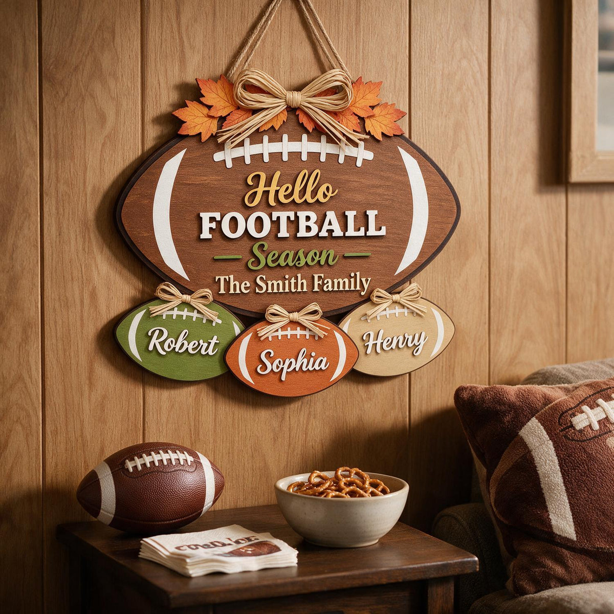 Personalized Football Season Family Football-Shaped Wood Sign, Game Day Home Decor