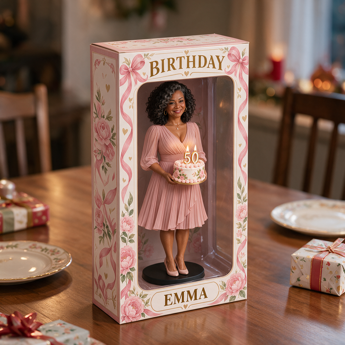 Boîte d'affichage figurine ruban rose photo personnalisée - Cadeau d'anniversaire 50 ans pour femmes