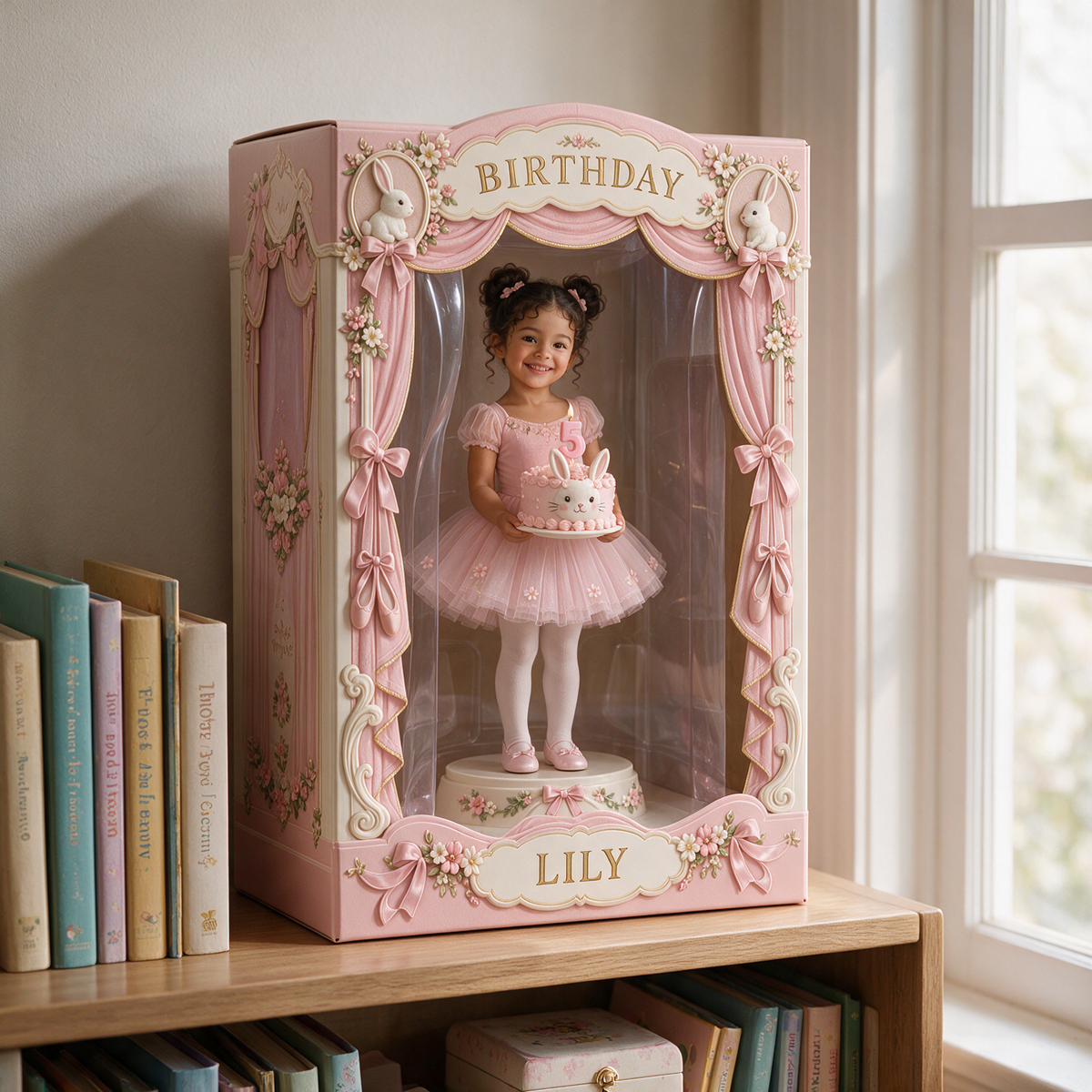 Personalized Custom Photo Bunny Acrylic Display Box - 5th Birthday Gift for Girls