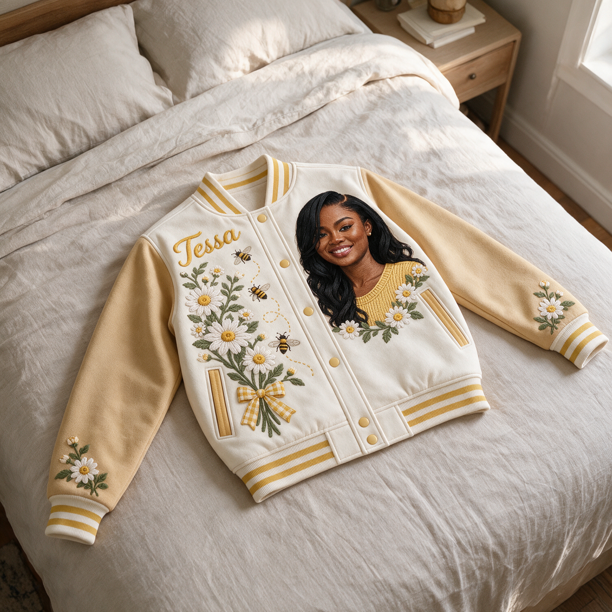 Personalized Daisy Bee Varsity Jacket - Women's Embroidered Portrait and Name