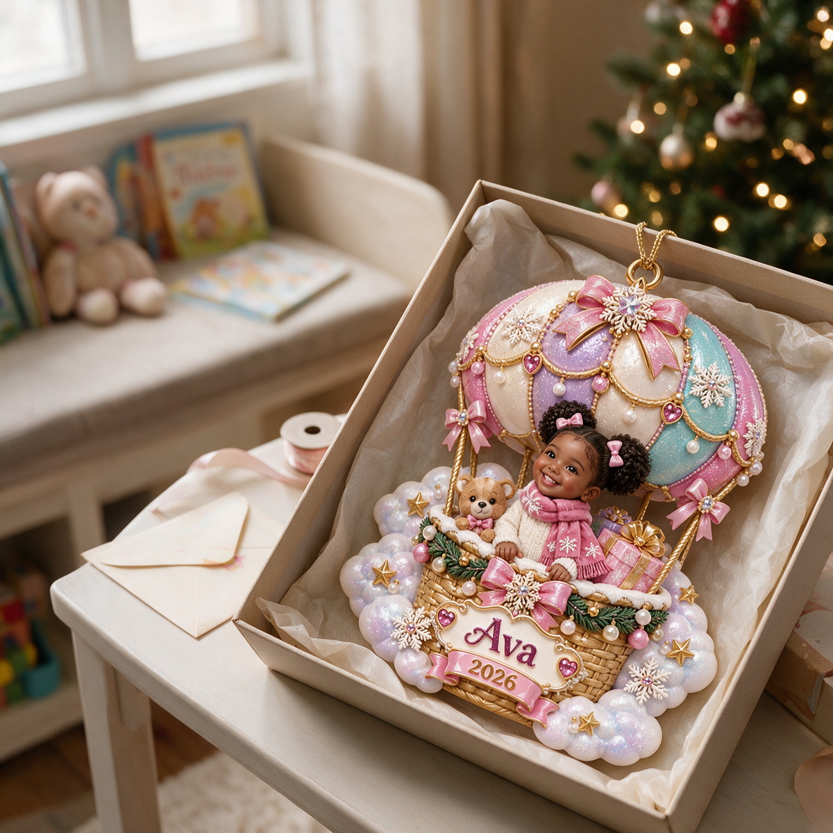 Personalized Custom Photo Hot Air Balloon 3D Ornament - 2026 Christmas Gift for Little Girls
