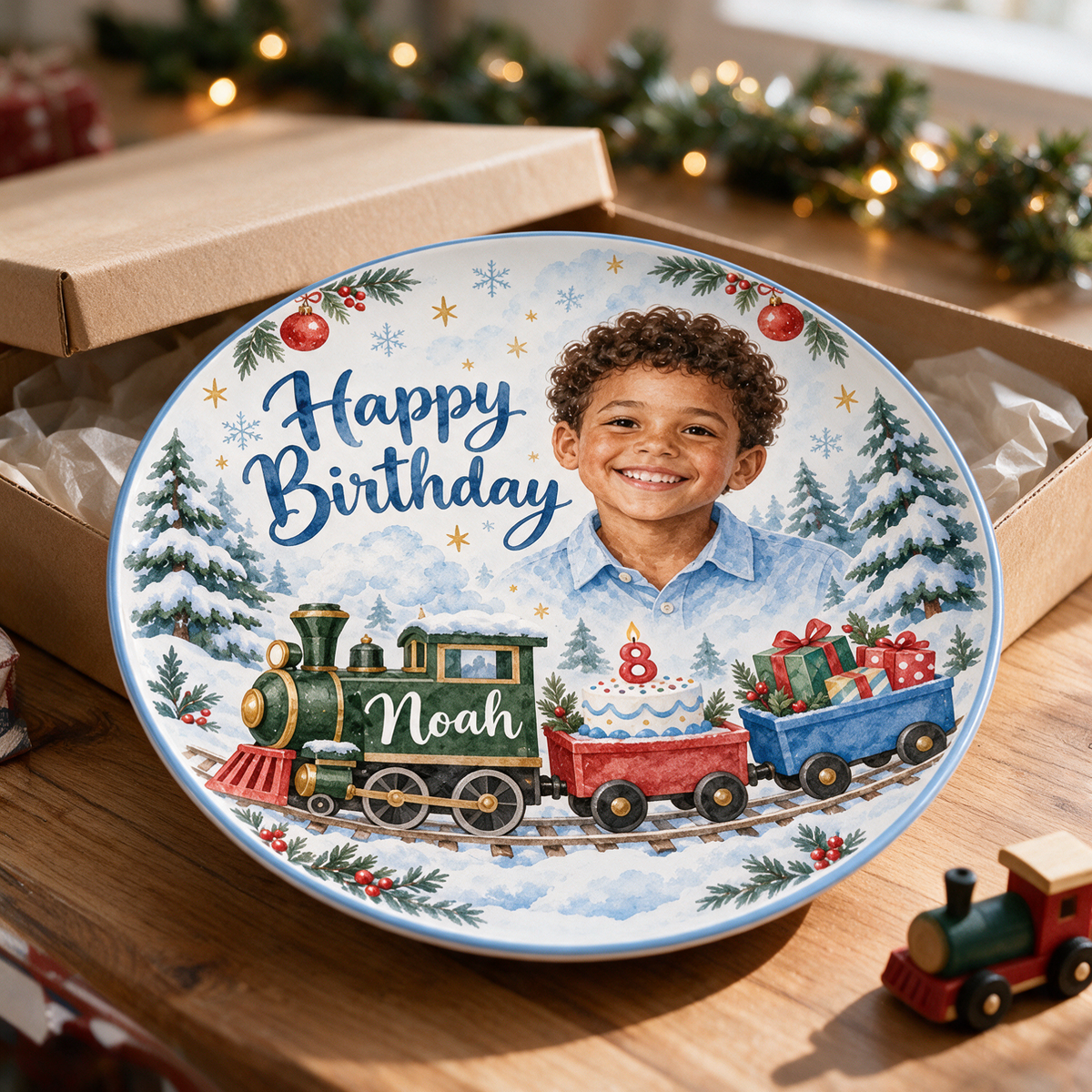 Personalized Christmas Train Ceramic Plate - Birthday Watercolor Portrait, Custom Name and Age