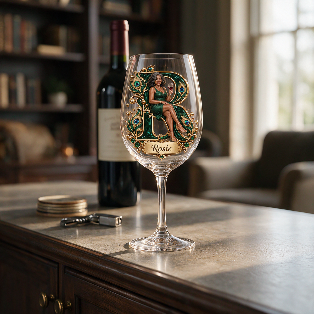 Personalized Custom Photo Peacock Wine Glass - Gift for Older Women