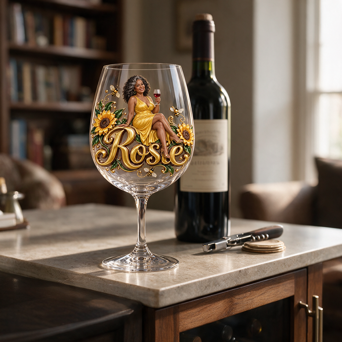 Personalized Custom Photo Sunflower Wine Glass - Gift for Older Women