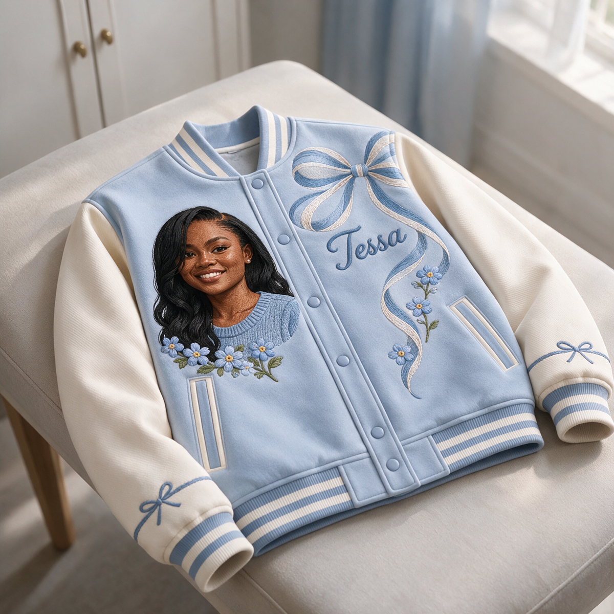 Veste Varsity Personnalisée Bleu avec Nœud - Cadeau d'Anniversaire Femme