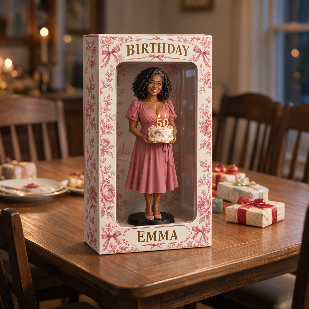 Boîte d'affichage figurine photo personnalisée rose - Cadeau d'anniversaire pour femmes