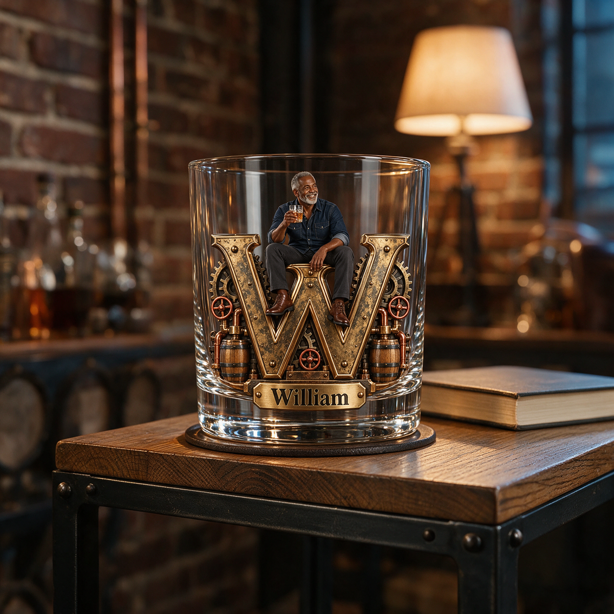 Personalized Custom Photo Industrial Monogram Whiskey Glass - Gift for Older Men Who Love Whiskey