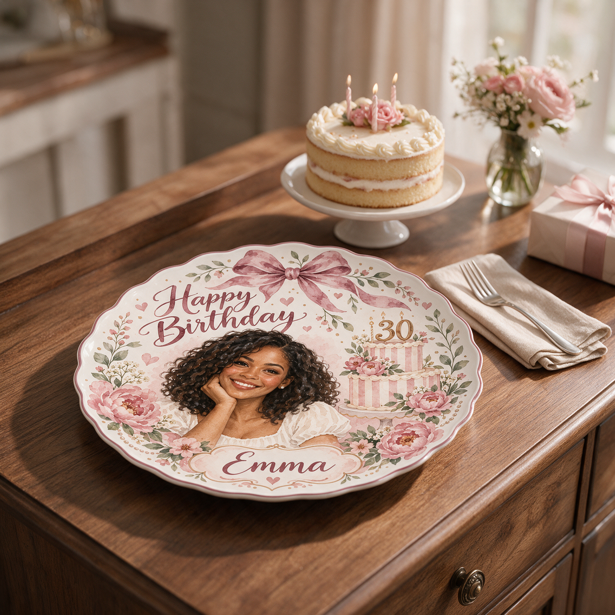 Personalized Birthday Ceramic Round Plate - Scalloped Floral Watercolor Portrait Gift