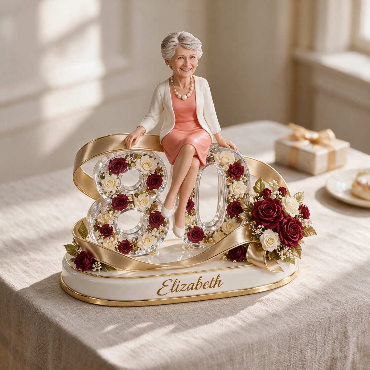 Figurine d'anniversaire personnalisée - Portrait sur mesure, cadeau souvenir en rose et ruban