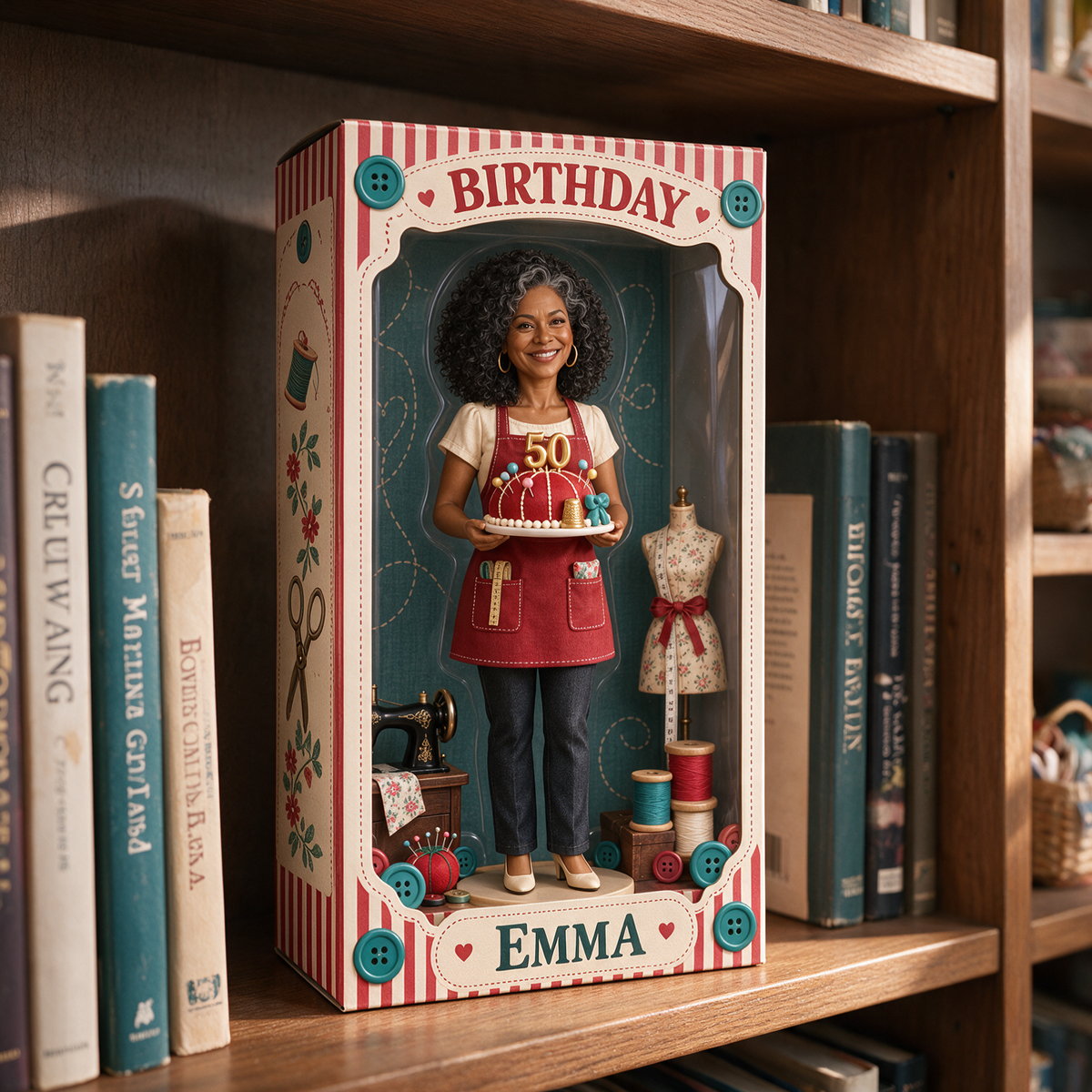 Personalized Sewing Acrylic Display Box - Birthday Portrait Figurine Gift