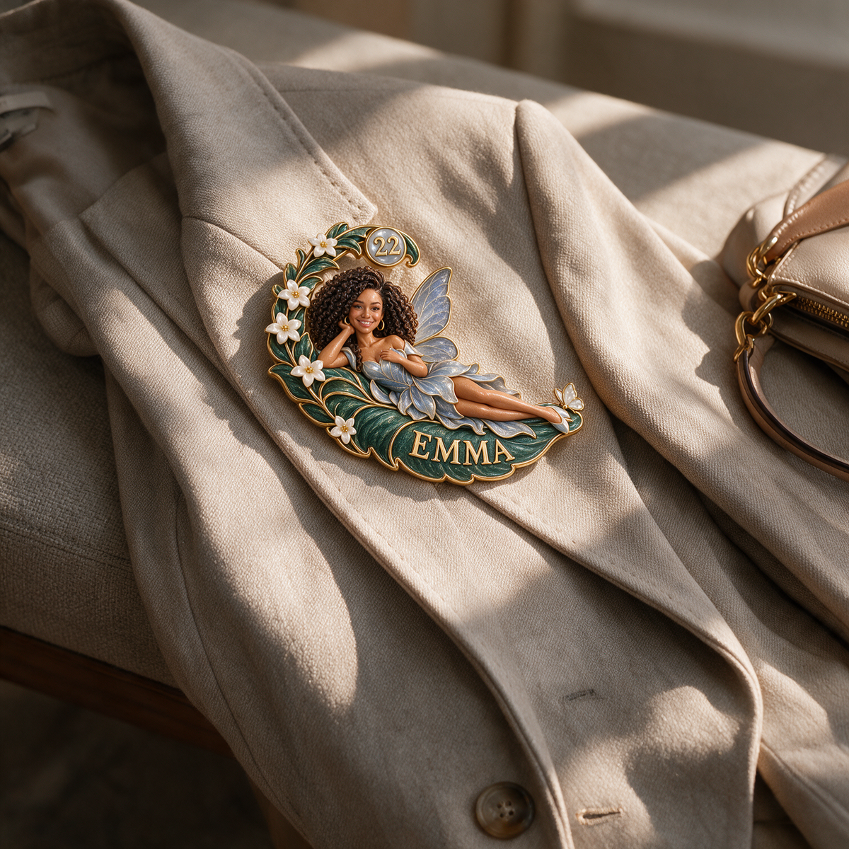 Personalized Reclining Fairy Brooch - Birthday Gift with Custom Photo, Name and Age, Crescent Fern Leaf