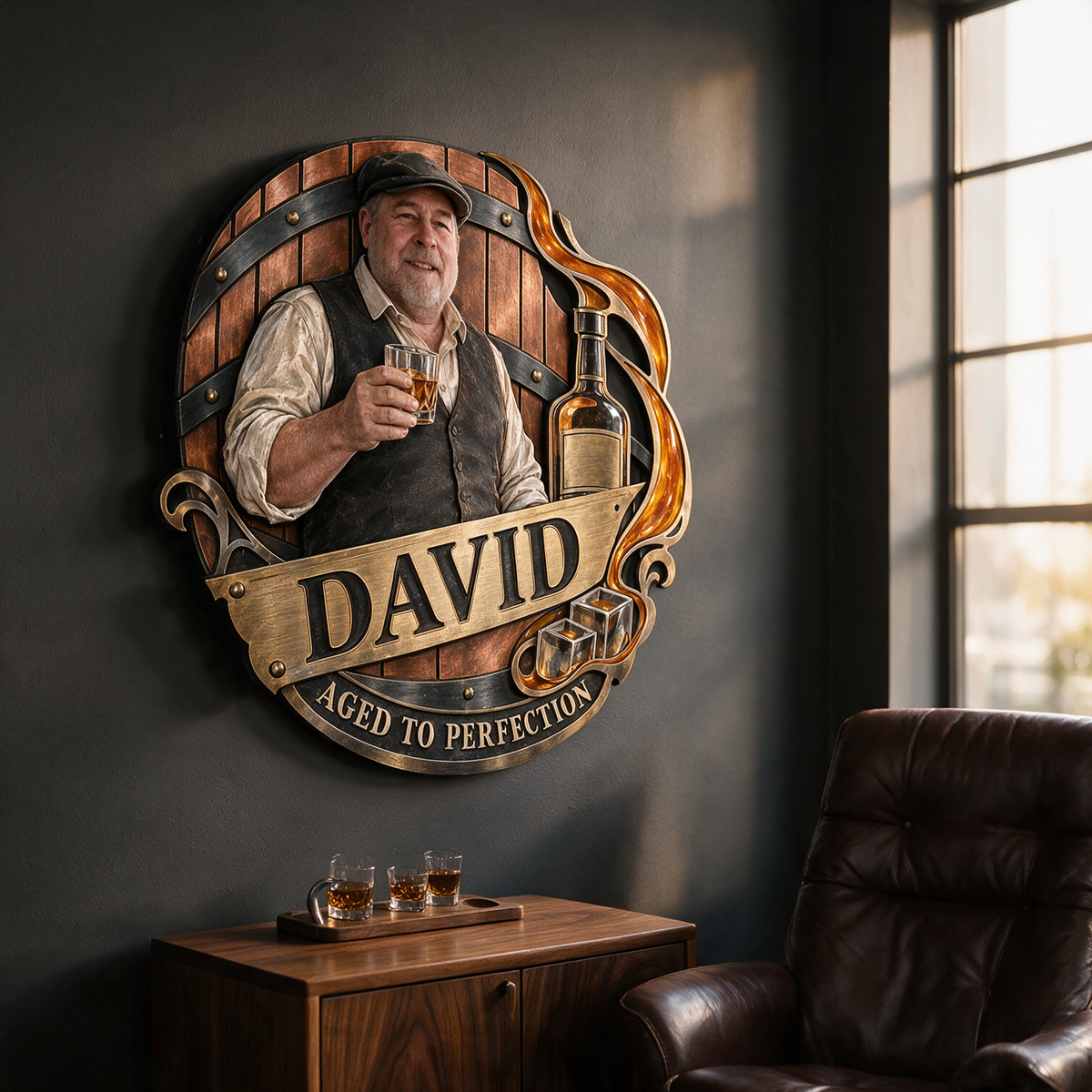 Personalized Whiskey Lover Metal Wall Art - Custom Portrait and Name, Home Bar Decor