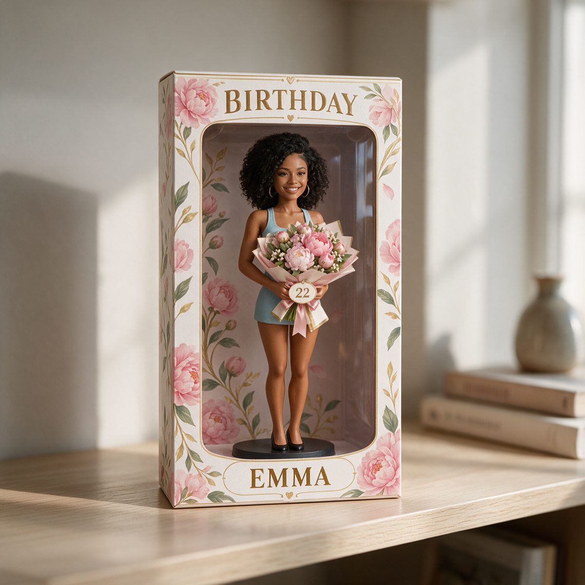 Personalized Birthday Display Box - Portrait Figurine, Bee Cake, Name and Age