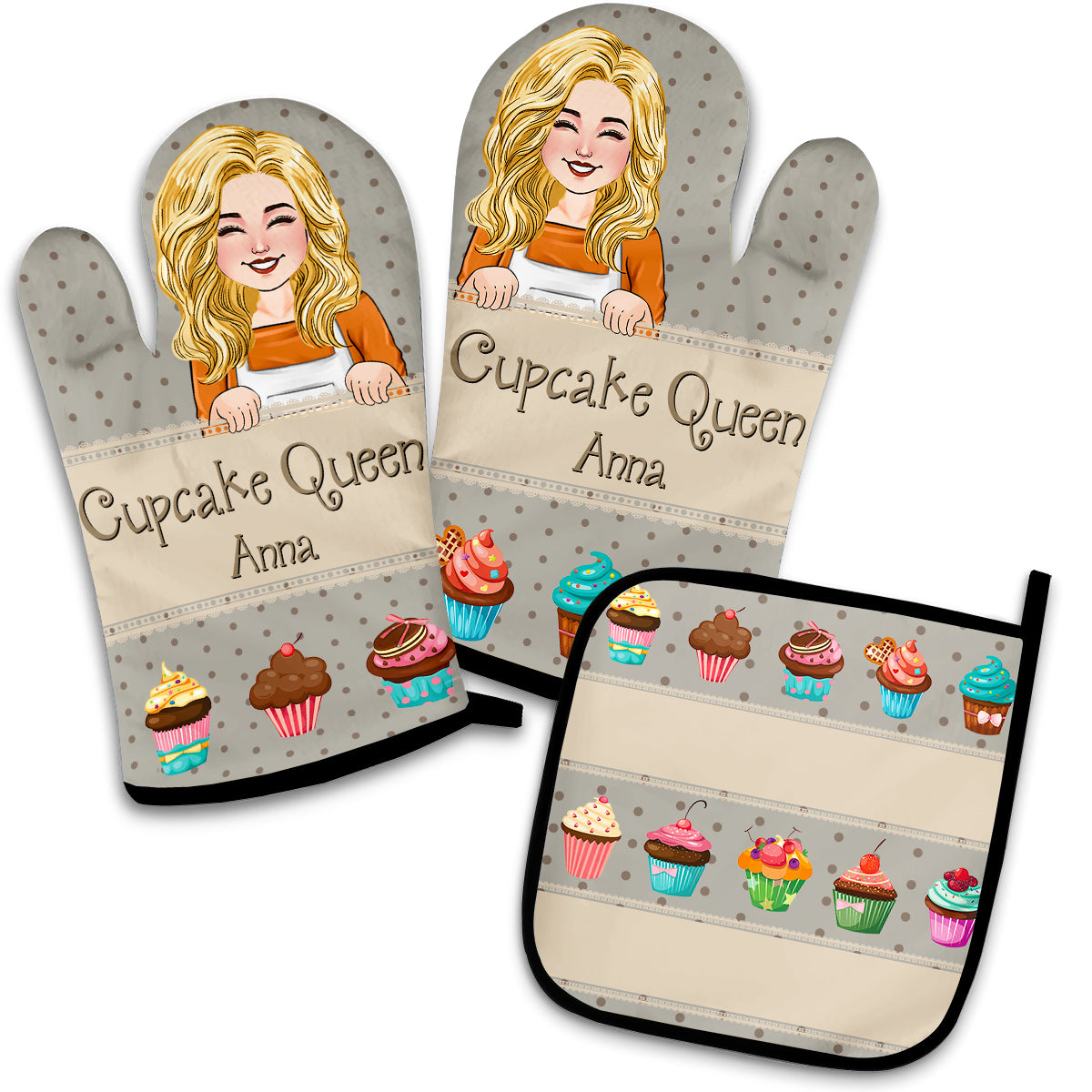 Cupcake Queen - Ensemble de gants de cuisine et maniques personnalisés
