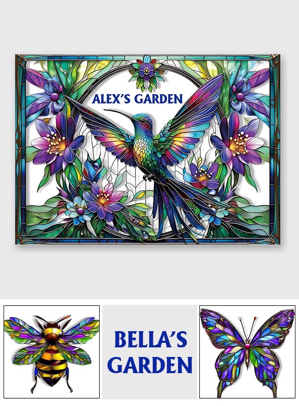 Superbe panneau métallique rectangulaire personnalisé pour le jardinage : colibri, abeille, papillon…