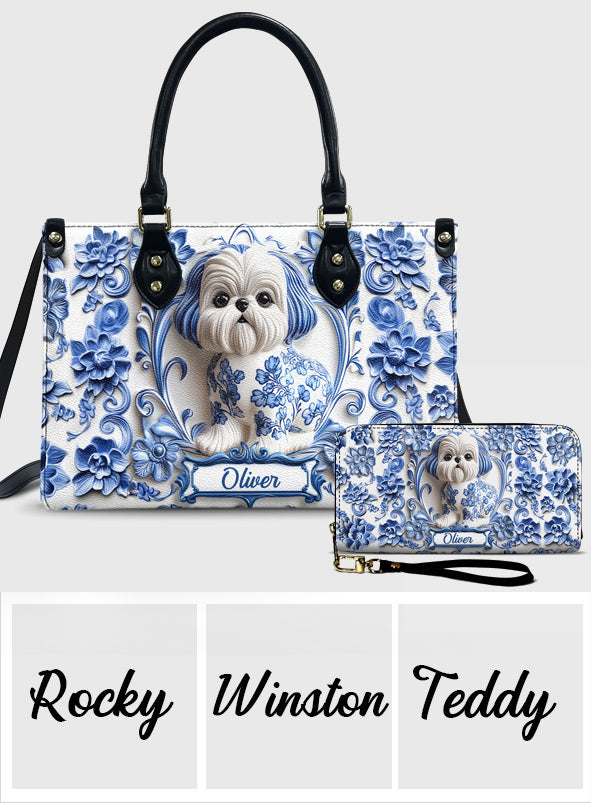 Sac à main et portefeuille long en cuir personnalisés avec un adorable Shih Tzu