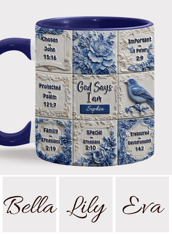 Mug chrétien personnalisé « Dieu dit que je suis » à motif Toile de Jouy
