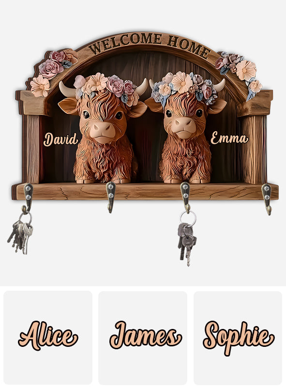 Bienvenue chez vous ! Porte-clés personnalisé en forme de vache des Highlands