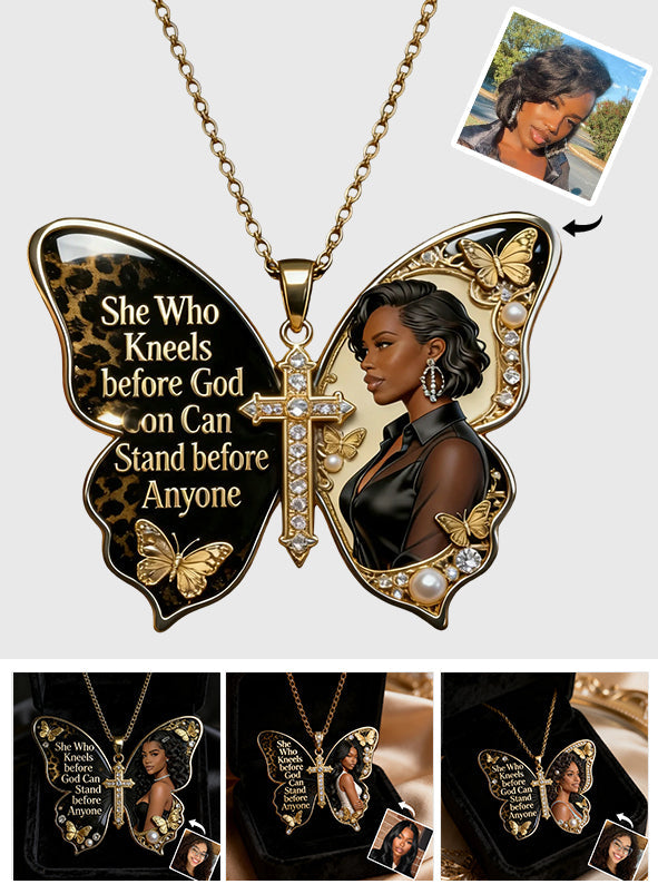 She Who Kneels Before God Can Stand Before Anyone - Personalized African American Shaped Metal Pendant Necklace