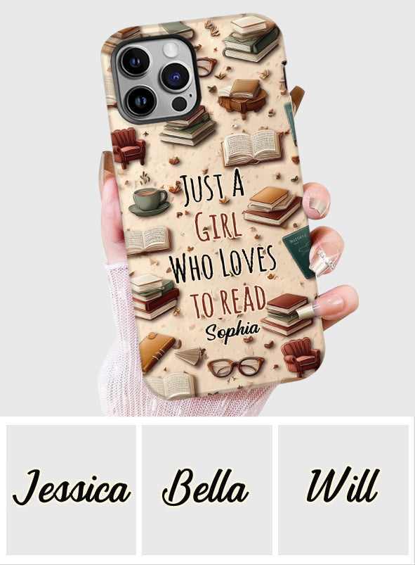 Coque de téléphone personnalisée « Juste une fille qui aime lire » avec un livre imprimé intégralement