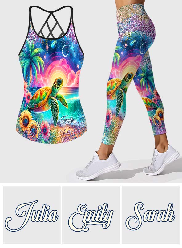 Sea Turtle Sunflower - Personalized Turtle Cross Tank Top and Leggings