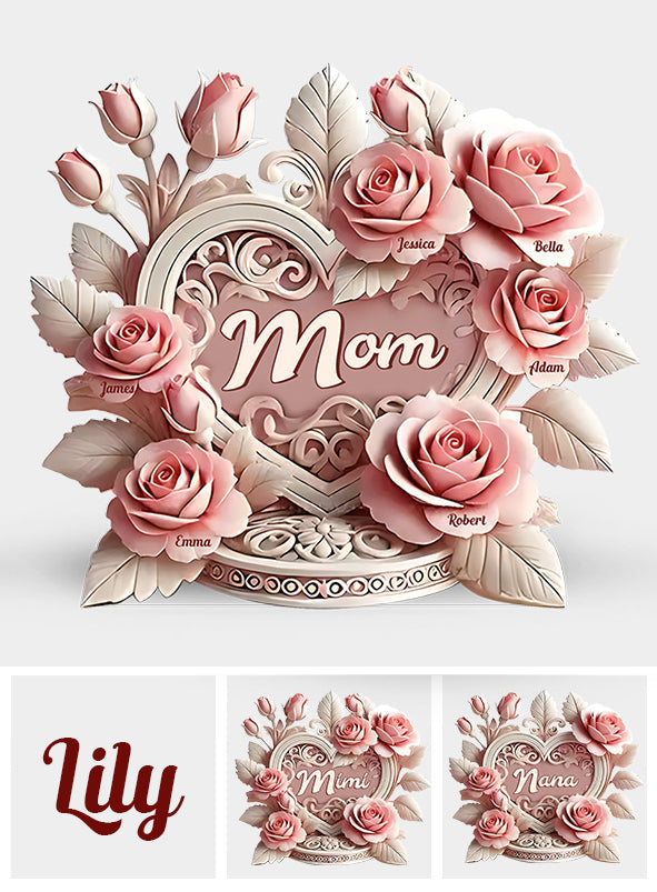 Cœur de roses roses - Plaque acrylique personnalisée pour maman