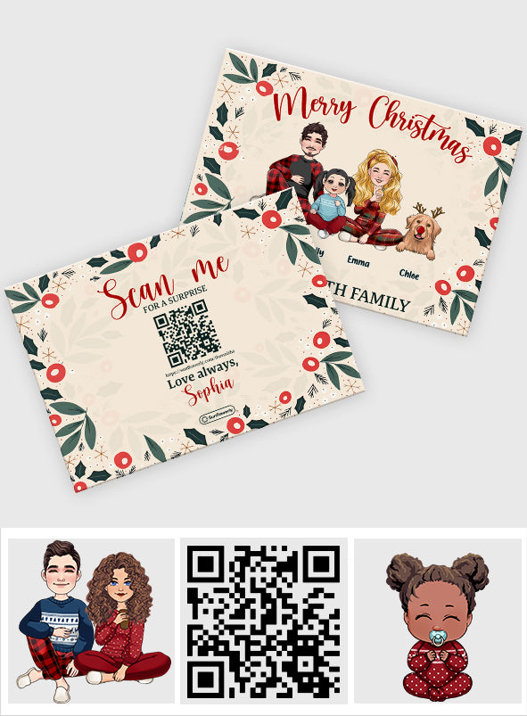 Carte de vœux personnalisée QR Code « Joyeux Noël » avec feuilles et baies