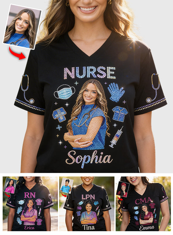 Photo Personnalisée, Titre Personnalisé - T-Shirt V-Cou Imprimé pour Infirmière