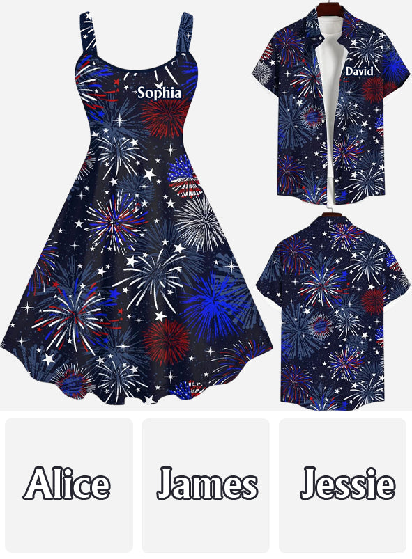 Patriotic American Flag Fireworks Print Matching Outfit For Couples - Personalized Couple Hawaiian Shirt & Sleeveless Dress