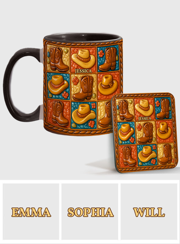 Mug et sous-verre personnalisés à motif bottes de cowgirl, style western