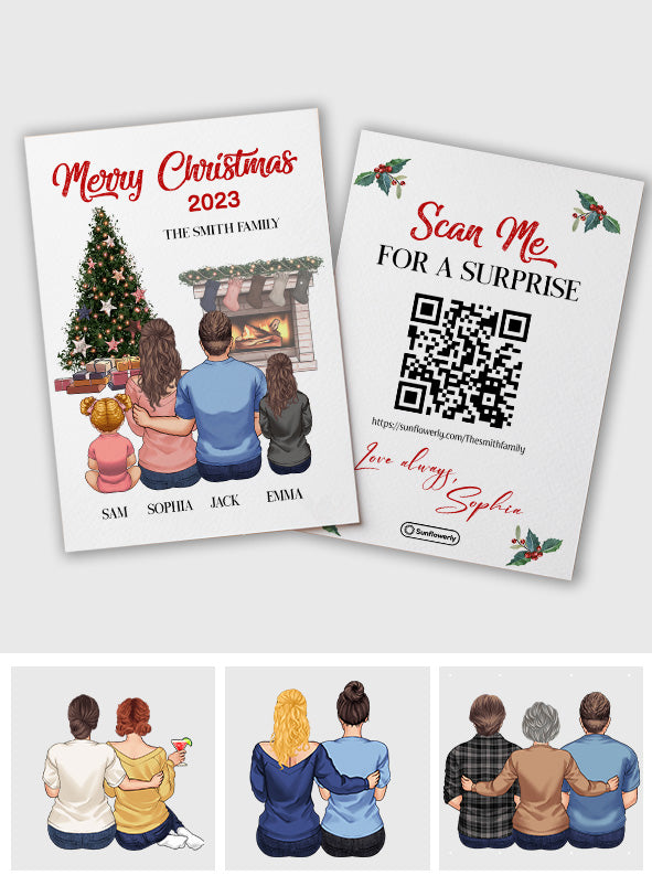 Carte de vœux personnalisée avec QR code « Joyeux Noël » et cheminée
