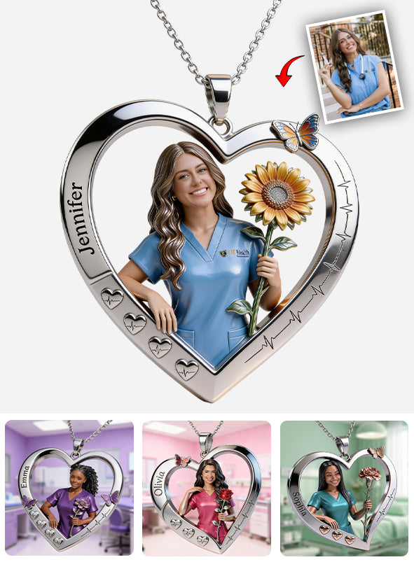 Floral Nurse Heart - Personalized Nurse Shaped Metal Pendant Necklace