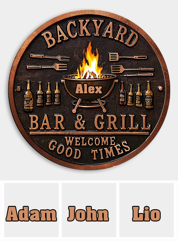 Backyard Bar & Grill Sign - Personalized Grilling Round Metal Sign