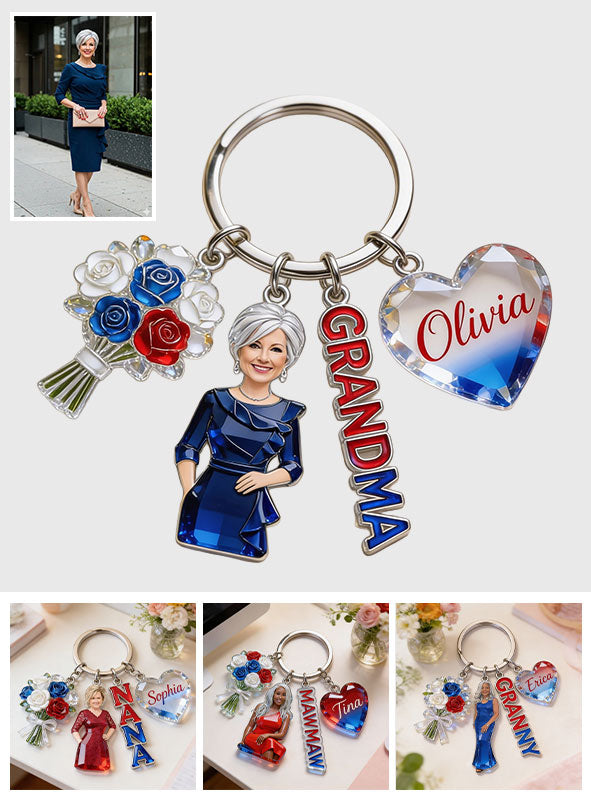 Custom Any Photo American Mom/Grandma - Personalized Grandma Premium Keychain With Charms