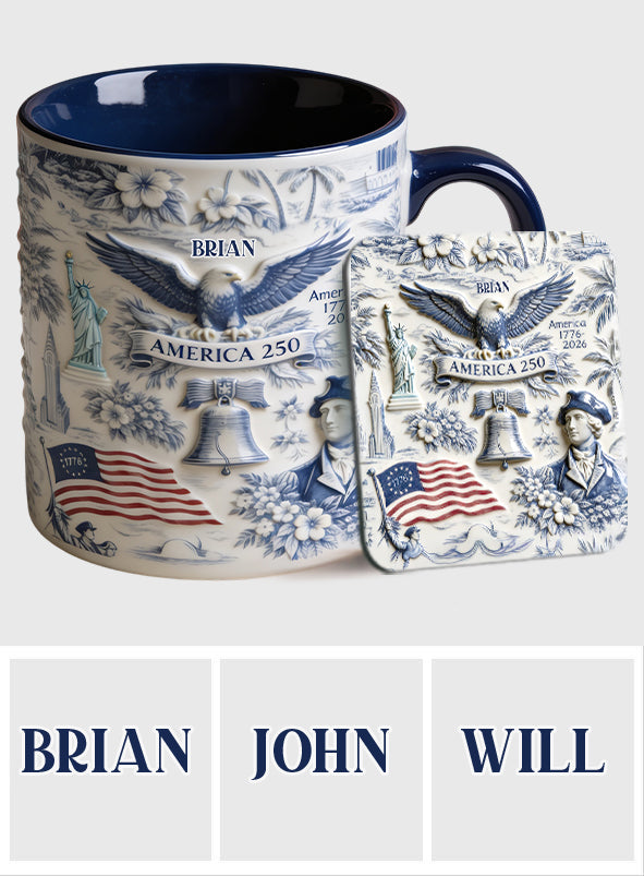 250 Ans d'Amérique 1776–2026 Vintage Patriotique - Tasse & Sous-verre Personnalisés pour le Jour de l'Indépendance/ 4 Juillet