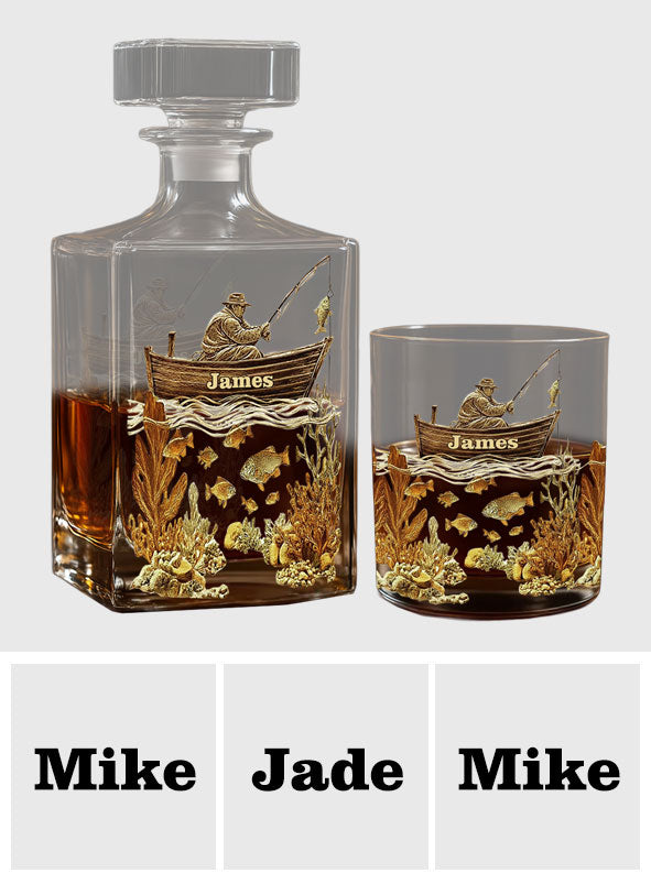 Coffret bouteille et verre à whisky personnalisé sur le thème de la pêche - Carafe à whisky personnalisée sur le thème de la pêche