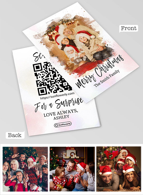 Carte de vœux personnalisée avec QR code et effet aquarelle pour Noël (téléchargement photo).