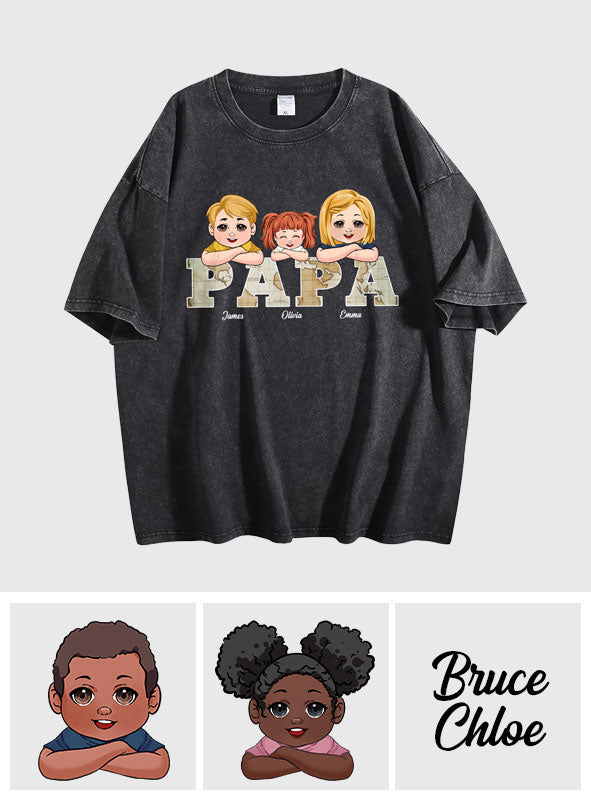 T-shirt personnalisé « Papa » avec carte vintage et inscription « Papa »