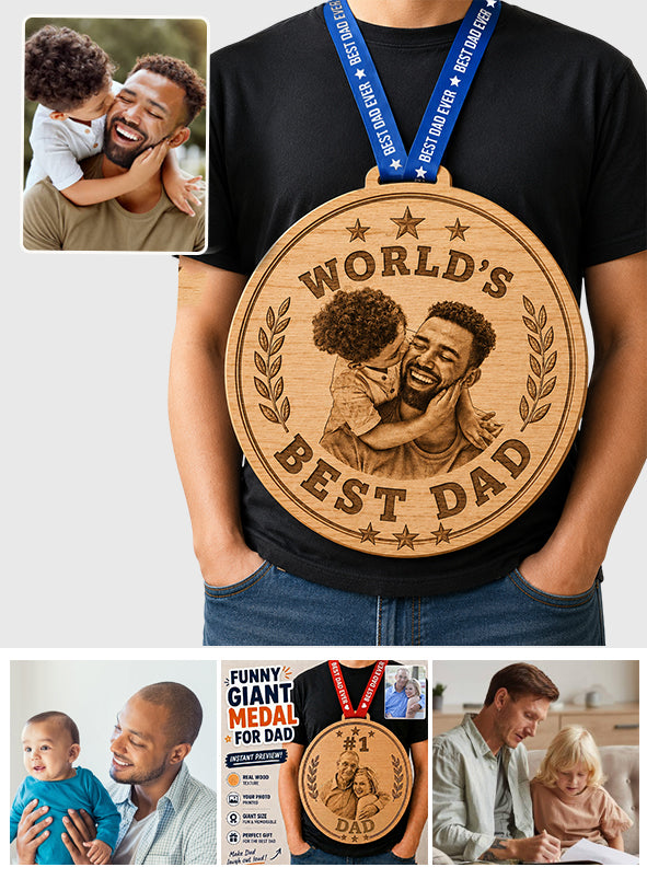 Médaillon Géant Amusant Meilleur Papa du Monde Photo Personnalisée - Panneau en Bois Personnalisé avec Écharpe