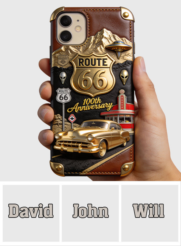 Étui de téléphone en cuir personnalisé pour les passionnés de voitures, à l'occasion du 100e anniversaire de la Route 66
