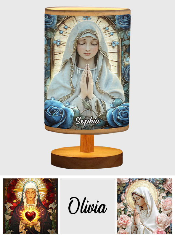 You're Forever Protected By Mary - Personalized Christian Table Lamp with Wood Base