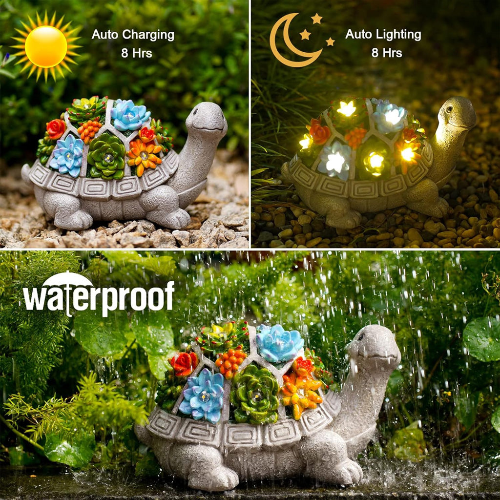 Outdoor Garden Solar Statues Turtle with Succulent and 7 LED Lights