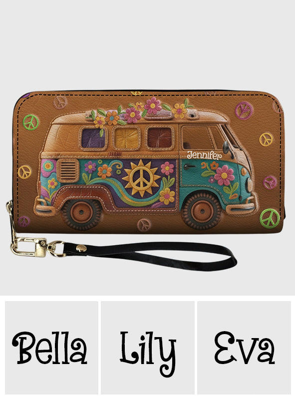 Van hippie fleuri - Portefeuille long en cuir hippie personnalisé