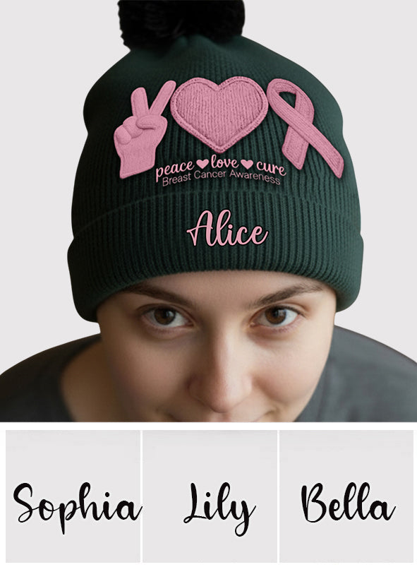 Peace Love Cure Pink Ribbon - Personalized Breast Cancer Awareness Beanie Hat