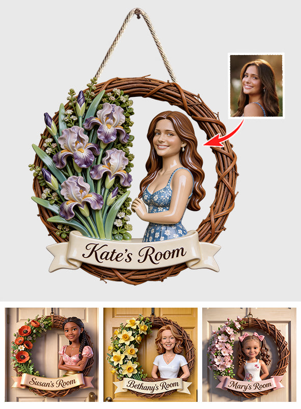 Custom Any Photo - Welcome To My Room - Personalized Birth Month Flower Custom Shaped Wood Sign